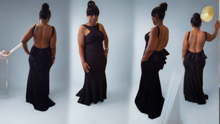 Client Styled with an Backless Elegant Black dress with peplum ruffle and a small train 