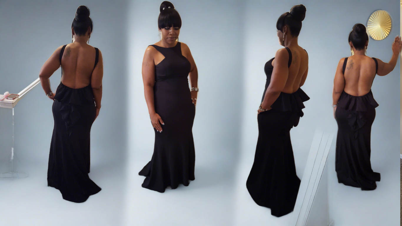 Client Styled with an Backless Elegant Black dress with peplum ruffle and a small train