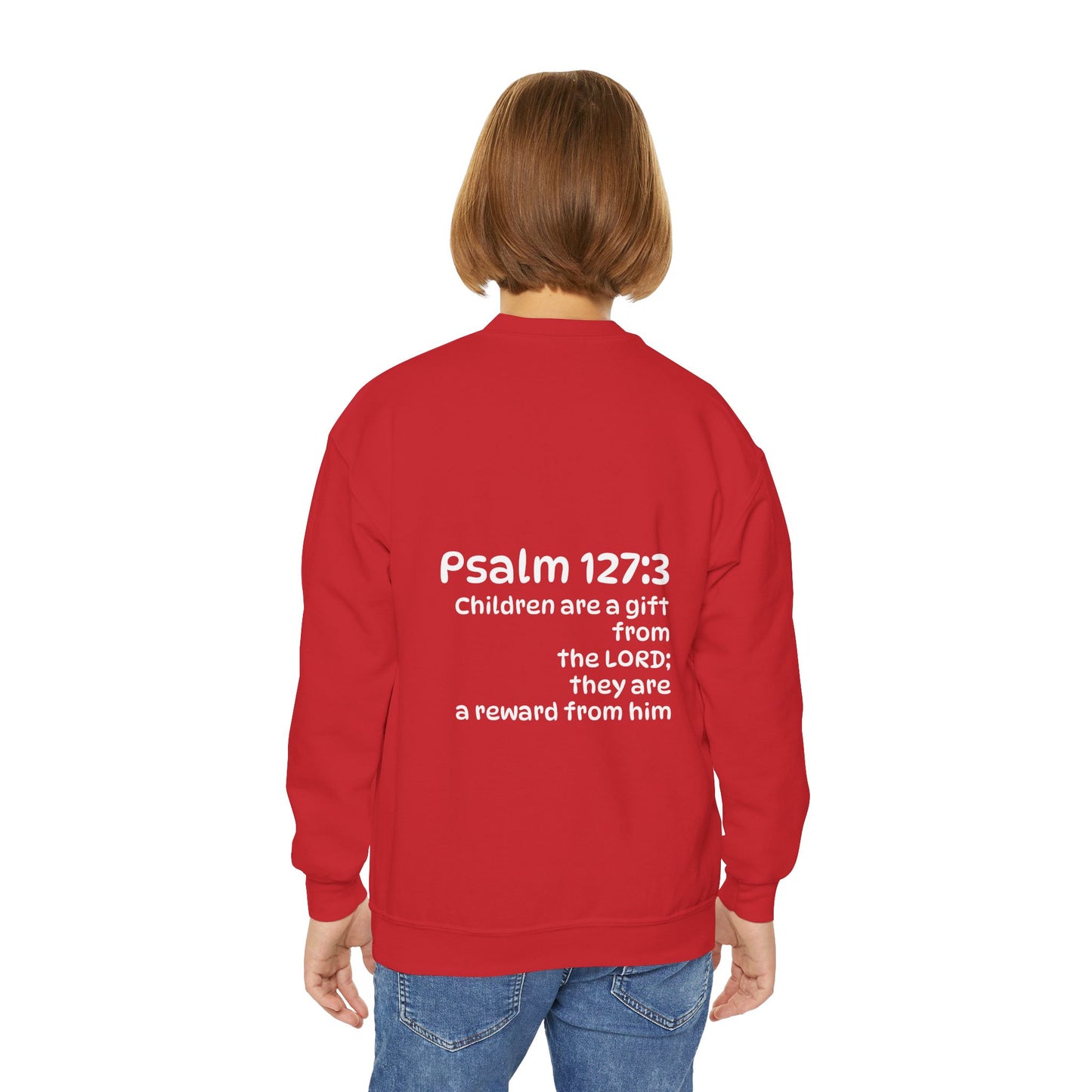 Youth Crewneck Sweatshirt - "The God Collection" with Psalm 127:3 Back (Kids Christian Pullover)