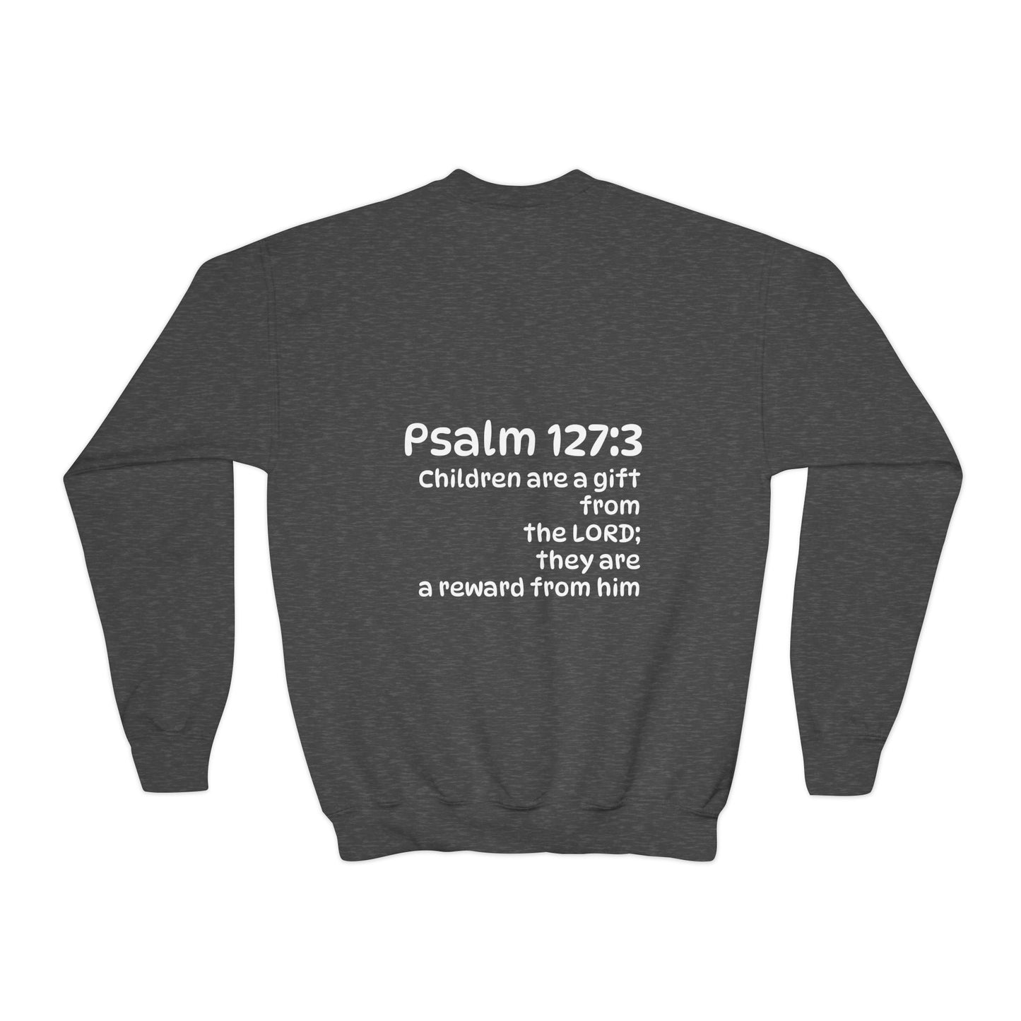 Youth Crewneck Sweatshirt - "The God Collection" with Psalm 127:3 Back (Kids Christian Pullover)