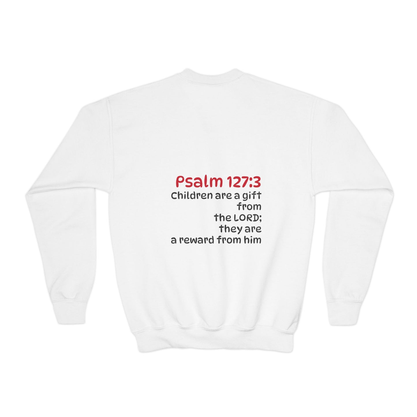 Youth Crewneck Sweatshirt - "The God Collection" with Psalm 127:3 Back (Kids Christian Pullover)