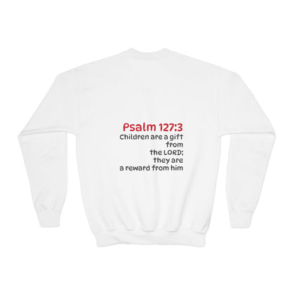 Youth Crewneck Sweatshirt - "The God Collection" with Psalm 127:3 Back (Kids Christian Pullover)