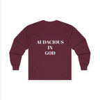 Audacious Long Sleeve Tee — "Audacious in God" Inspirational Faith Shirt