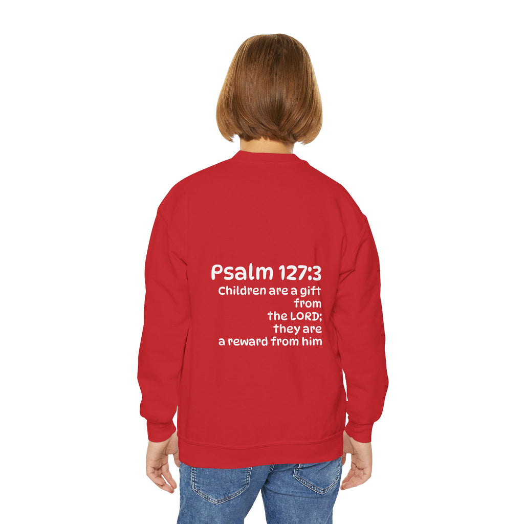 Youth Crewneck Sweatshirt - "The God Collection" with Psalm 127:3 Back (Kids Christian Pullover)