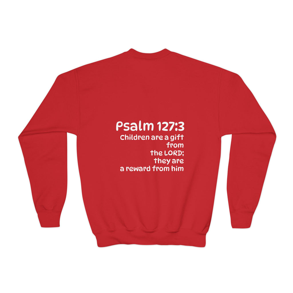 Youth Crewneck Sweatshirt - "The God Collection" with Psalm 127:3 Back (Kids Christian Pullover)