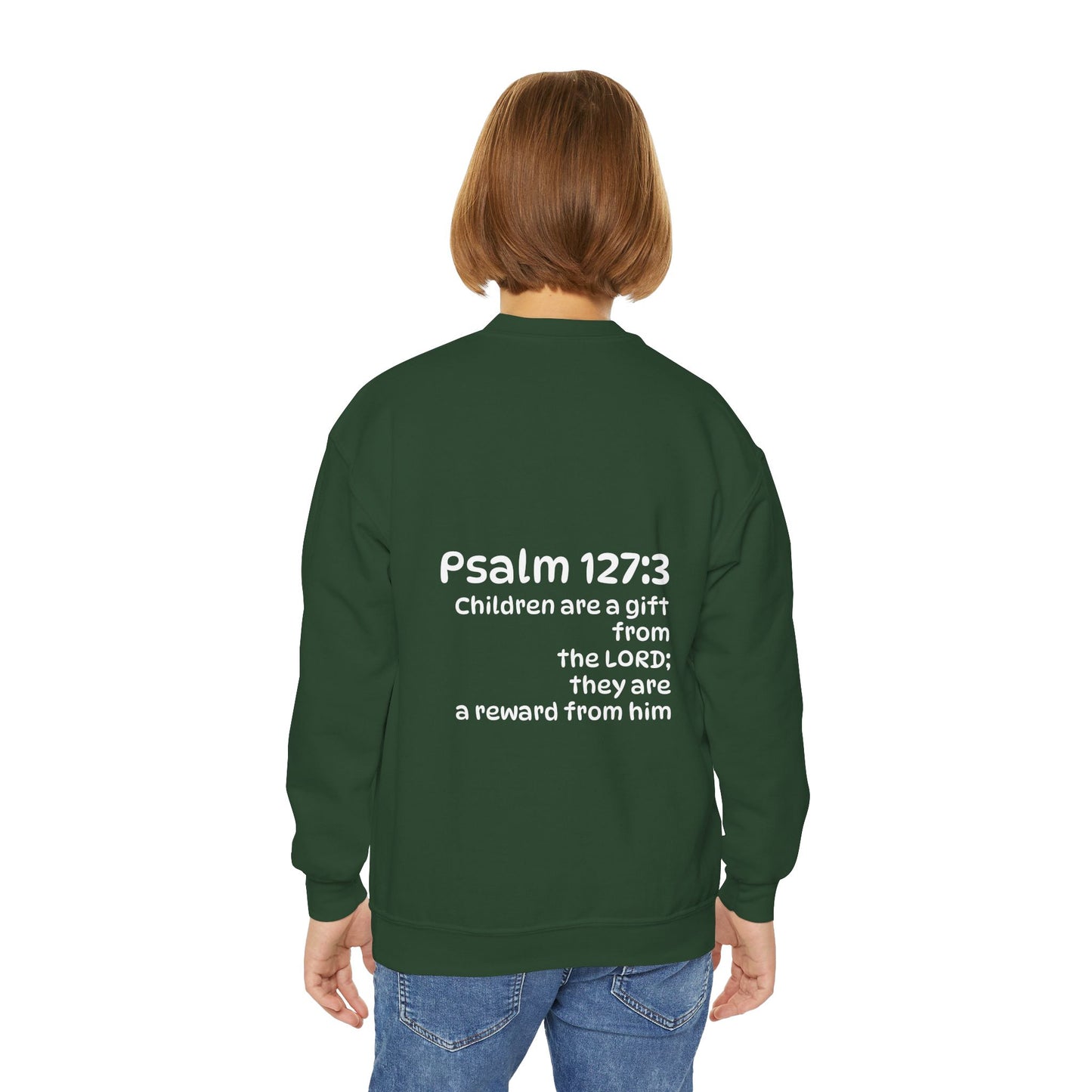Youth Crewneck Sweatshirt - "The God Collection" with Psalm 127:3 Back (Kids Christian Pullover)