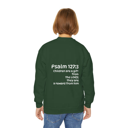Youth Crewneck Sweatshirt - "The God Collection" with Psalm 127:3 Back (Kids Christian Pullover)