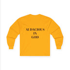 Audacious Long Sleeve Tee — "Audacious in God" Inspirational Faith Shirt