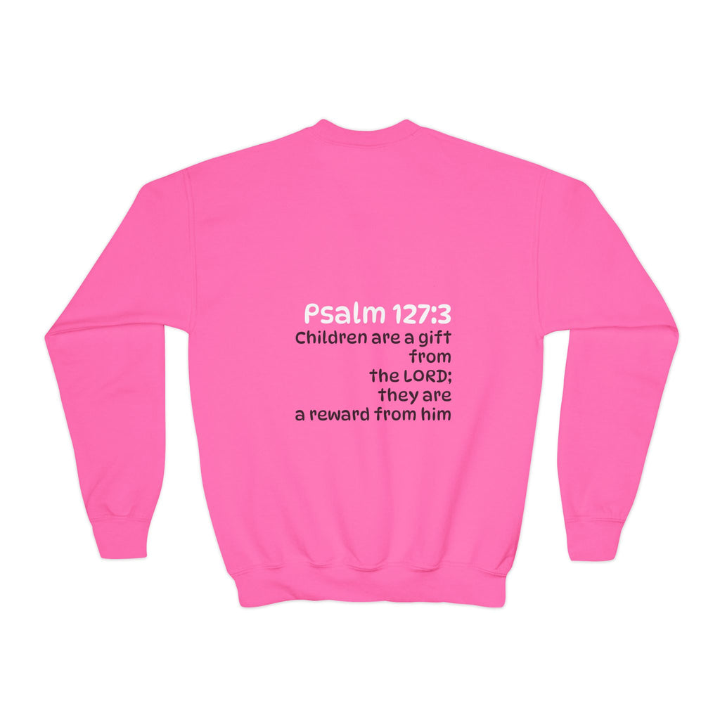 Youth Crewneck Sweatshirt - "The God Collection" with Psalm 127:3 Back (Kids Christian Pullover)