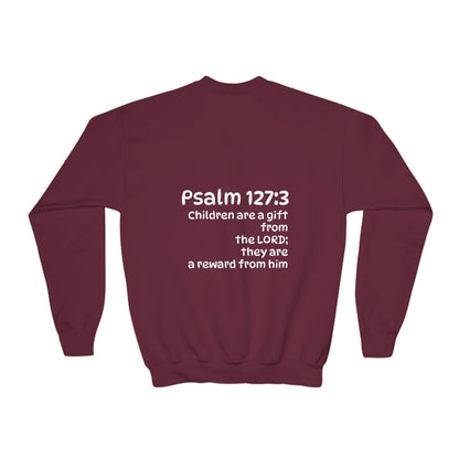 Youth Crewneck Sweatshirt - "The God Collection" with Psalm 127:3 Back (Kids Christian Pullover)