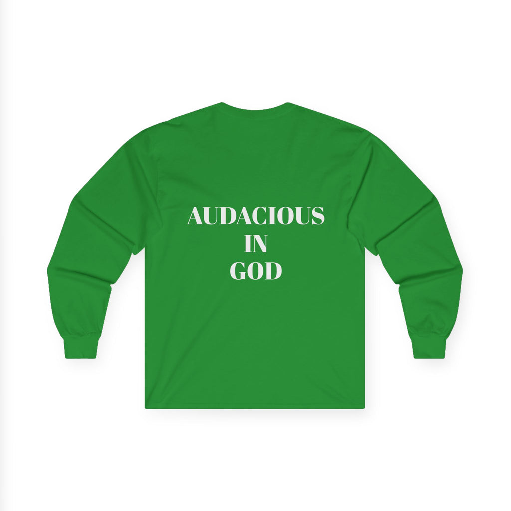 Audacious Long Sleeve Tee — "Audacious in God" Inspirational Faith Shirt
