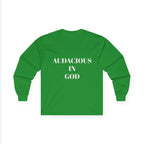 Audacious Long Sleeve Tee — "Audacious in God" Inspirational Faith Shirt