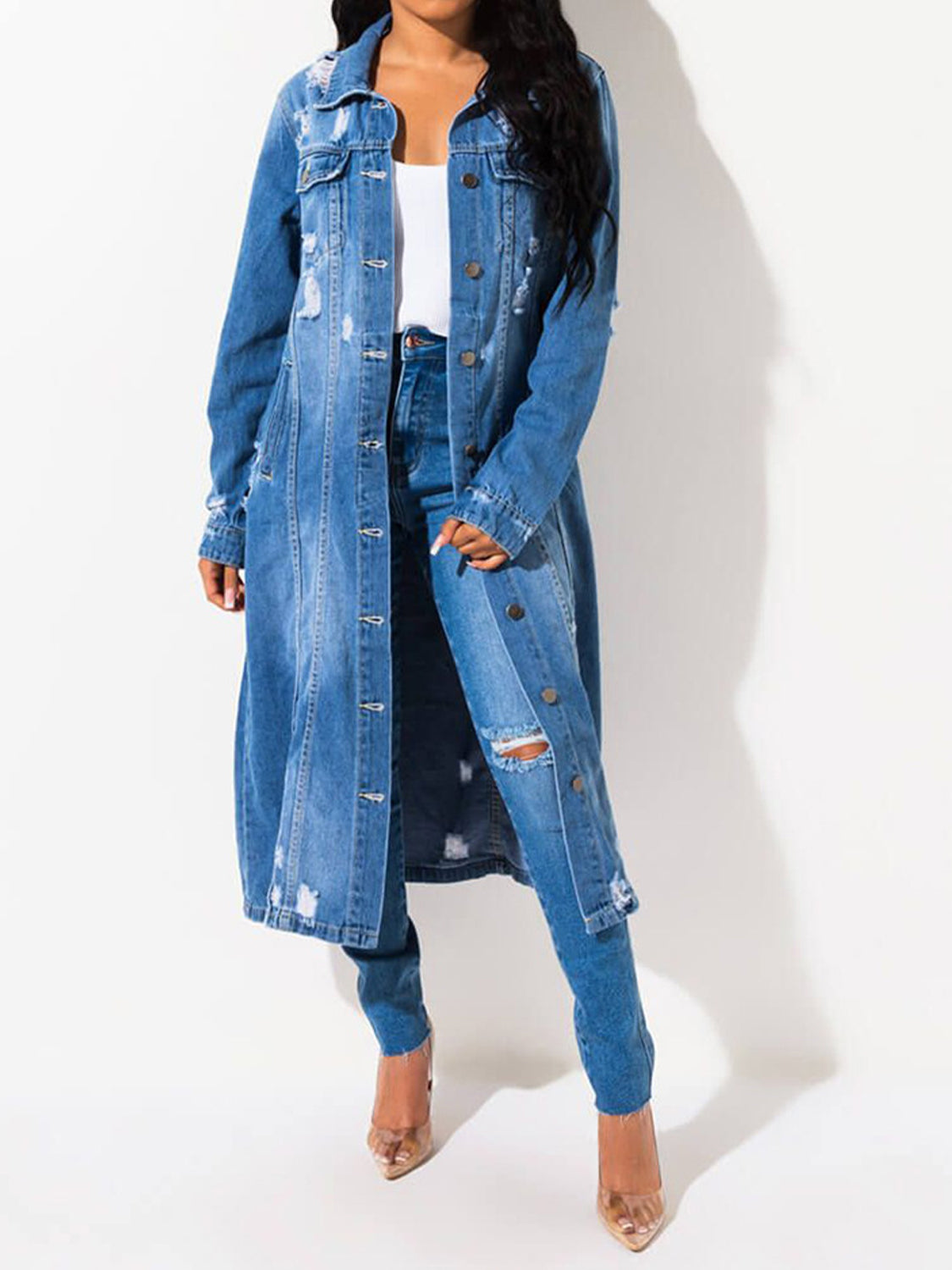 Long, Raw Hem Denim Shacket