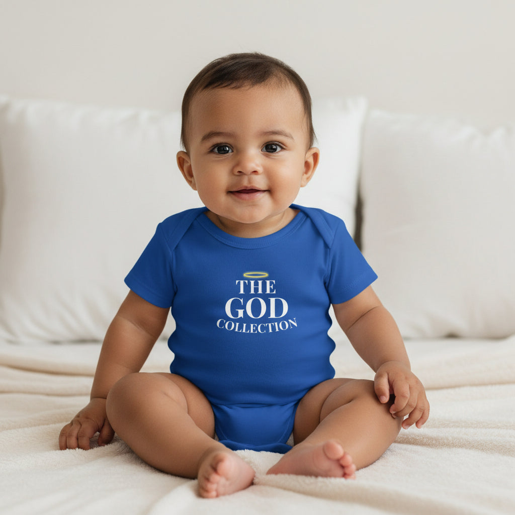 Blue baby onesie with 'The God Collection' text on a white background