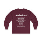 Audacious Long Sleeve Tee — "Audacious in God" Inspirational Faith Shirt