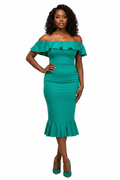 A green off-shoulder bodycon dress with flounce layer neckline and hem, featuring a mermaid silhouette.