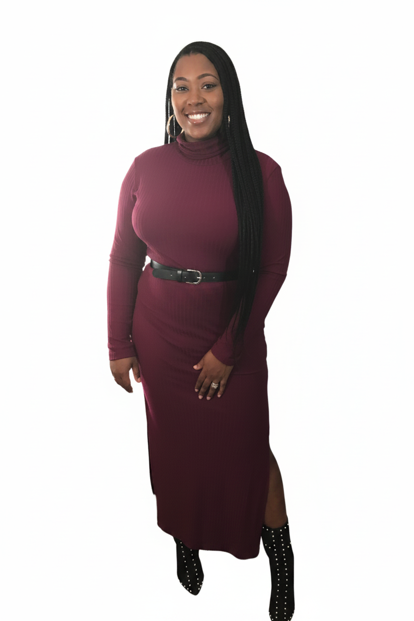 Burgundy stretch dress with splits on both side above the knee