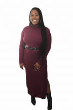 Burgundy stretch dress with splits on both side above the knee