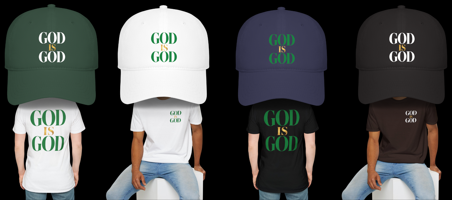 Five people wearing hats and t-shirts with 'GOD IS GOD' text in different colors on a black background.