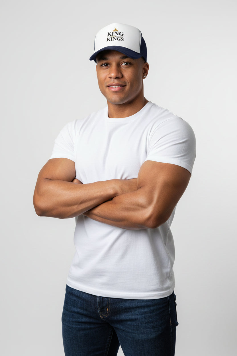 Navy Blue and white trucker hat with handshake and plant design on a white background with GOD IS GOD NAVY BLUE 