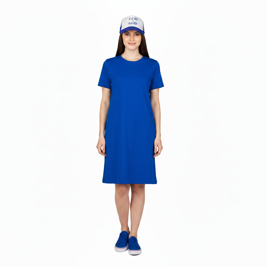 Person wearing a blue and white cap with a logo on a white background