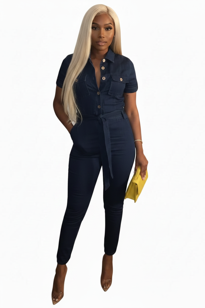 Indigo blue belted stretch jumpsuit 