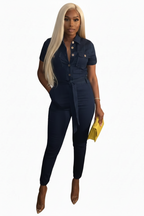 Indigo blue belted stretch jumpsuit 