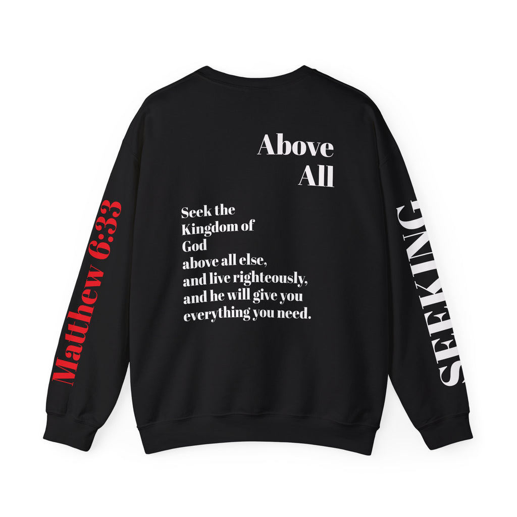 Black sweatshirt with text on sleeves and back on a white background