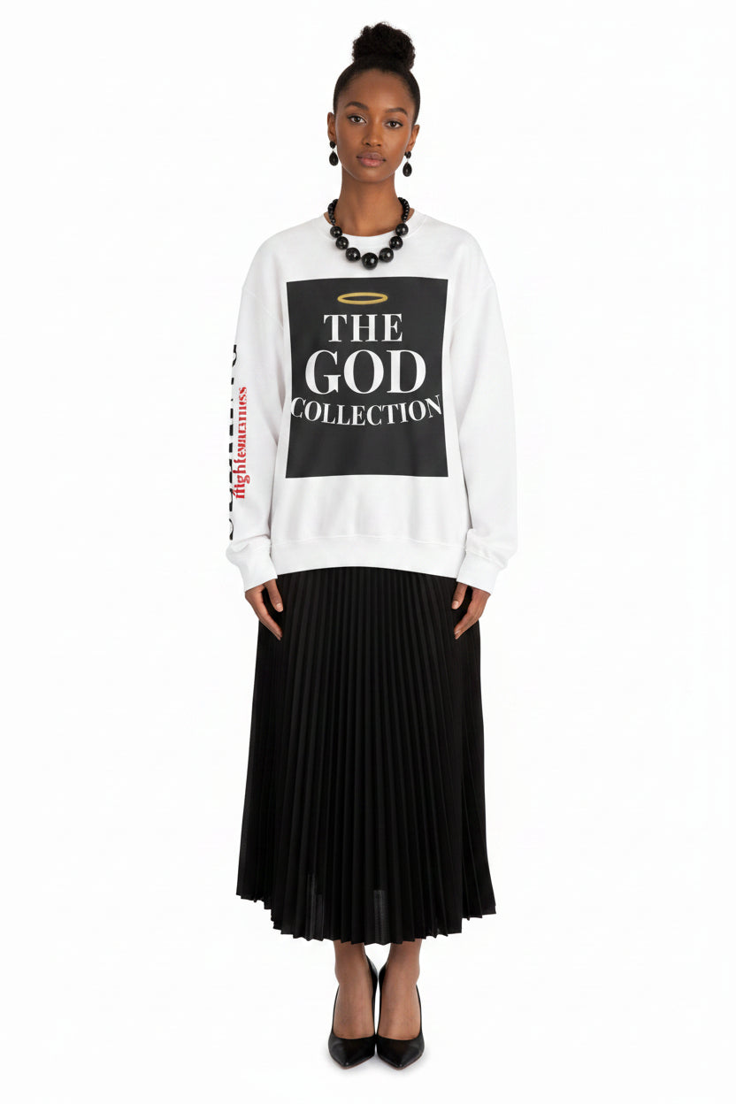 Person wearing a white sweatshirt with text and a black skirt on a white background