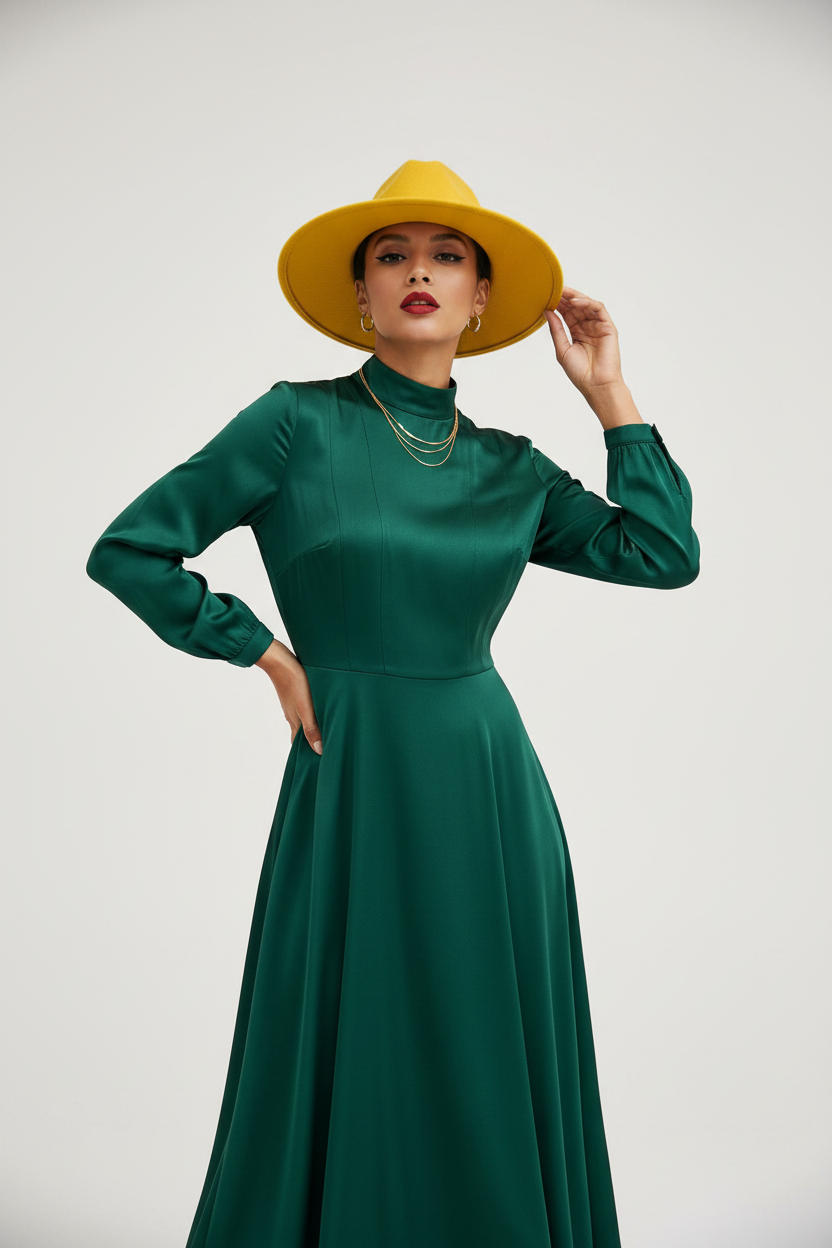 Woman wearing a green dress and yellow hat against a white background