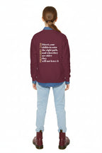 Maroon sweatshirt with text on the back worn by a person, white background