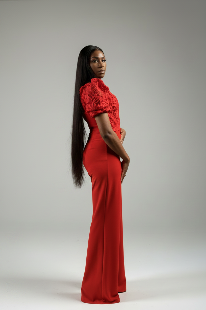 Red lace jumpsuit intricate lace upper and dramatic puff sleeves, this piece perfectly balances classic romance with modern style.