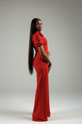 Red lace jumpsuit intricate lace upper and dramatic puff sleeves, this piece perfectly balances classic romance with modern style.