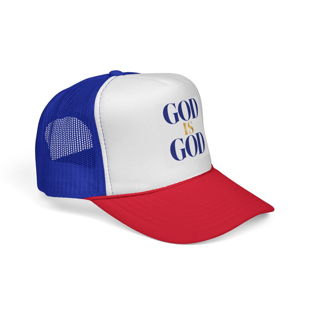 Trucker hat with blue, white, and red colors on a white background with words GOD is GOD  
