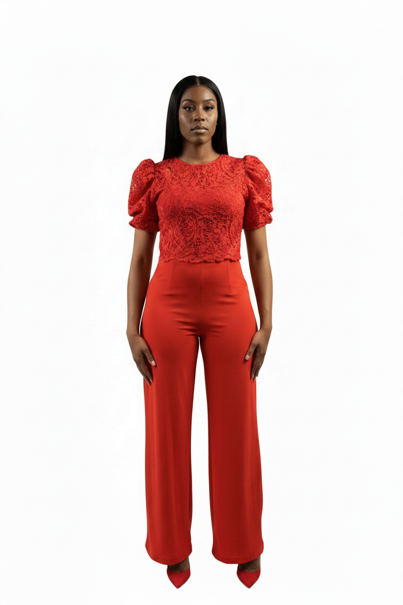 Woman wearing a red jumpsuit with puff sleeves on a white background