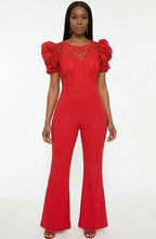 Vibrant Red Sheer Lace Bodice, Puff Sleeves, Bell Bottom Legs