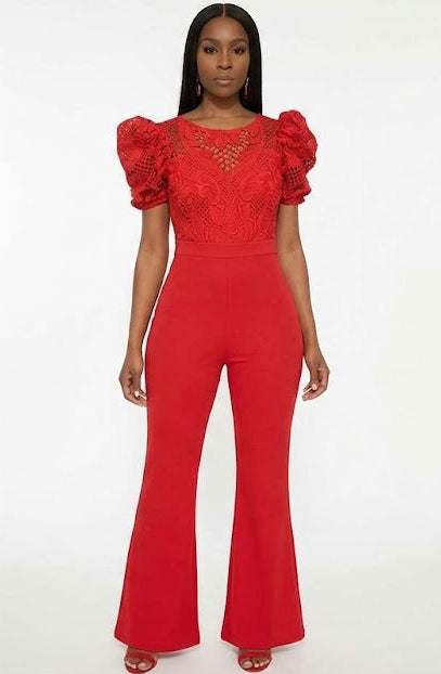 Vibrant Red Sheer Lace Bodice, Puff Sleeves, Bell Bottom Legs