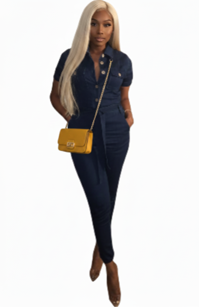 Woman wearing an indigo jumpsuit on a white background