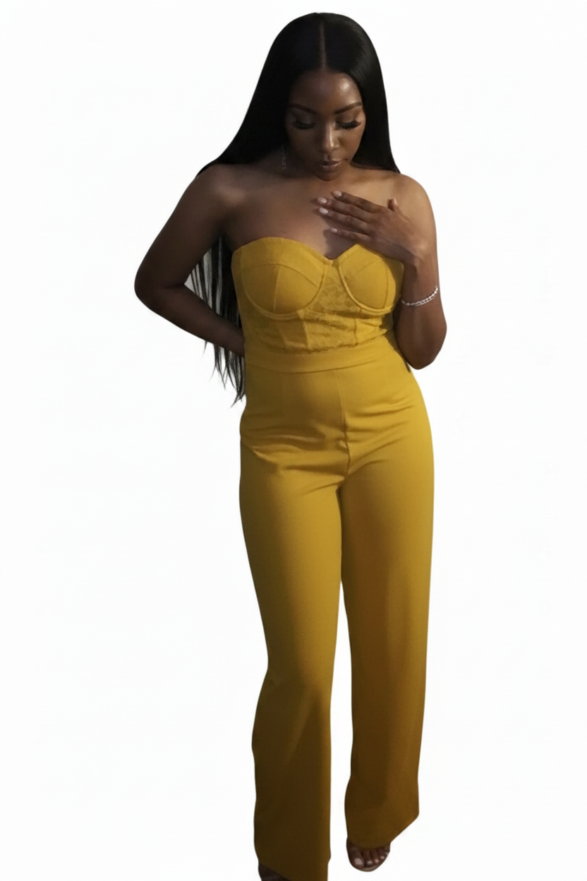 Strapless Mustard jumpsuit with sweetheart neck