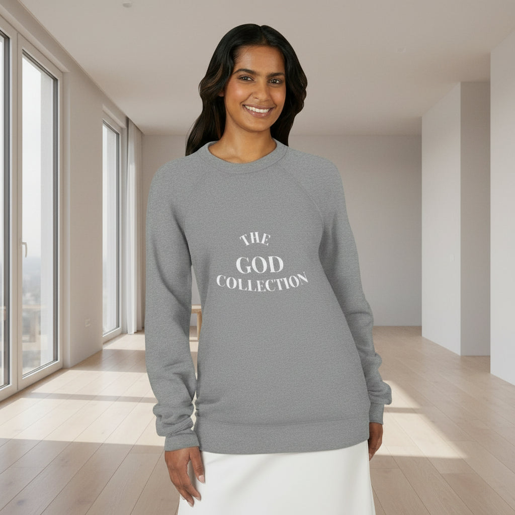 gray sweatshirt with 'The God Collection' 