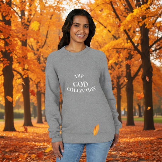 gray sweatshirt with 'The God Collection' text on a white background
