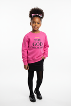 Little girl wearing The God Collection sweatshirt