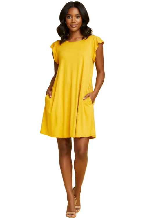 A person wearing a mustard yellow  knee-length ruffle dress with 3/4 sleeves, featuring a V-neckline. The dress appears to have a flare or A-line silhouette.