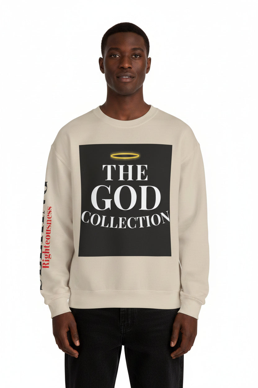 Person wearing a beige sweatshirt with 'The God Collection' text on a white background