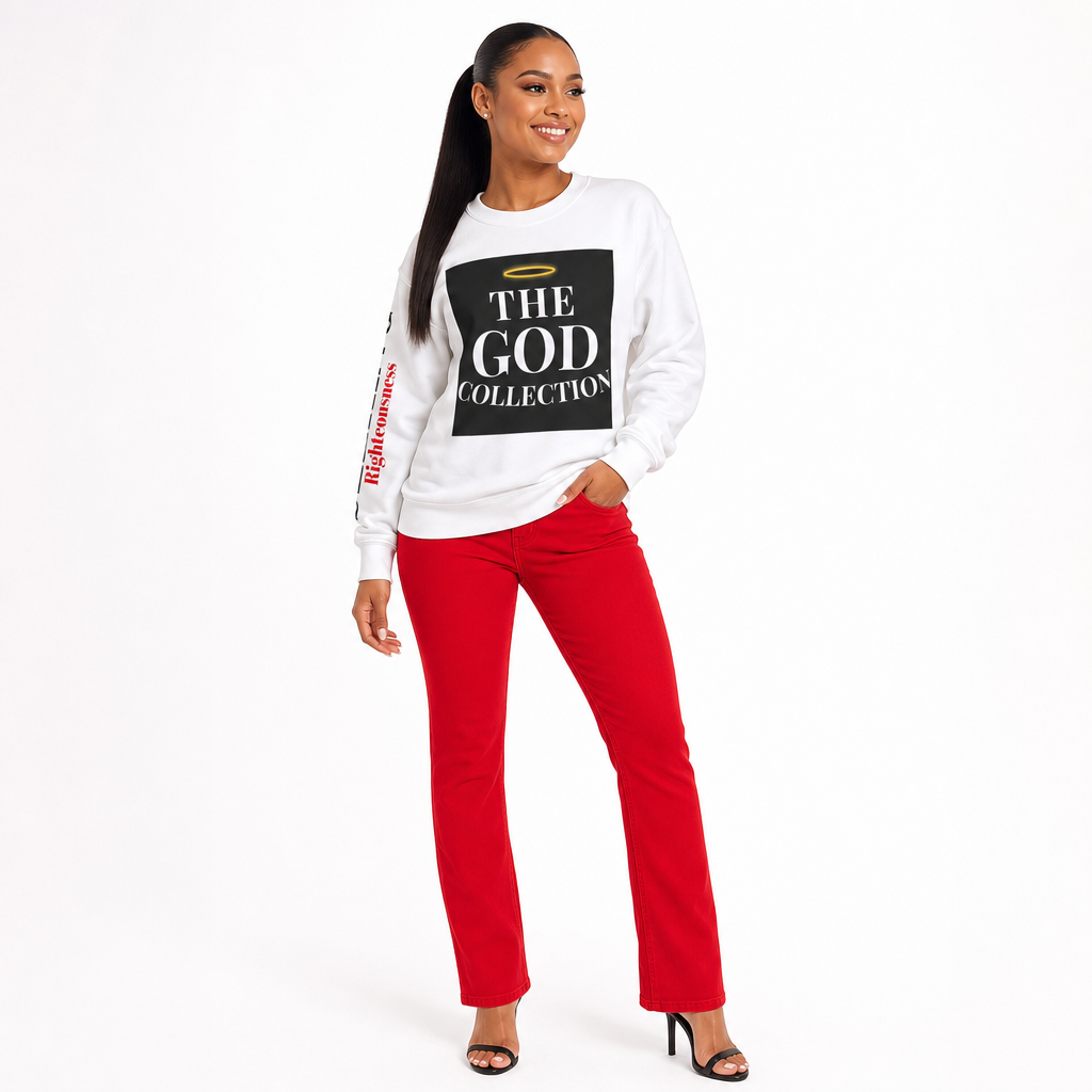 Woman wearing a white sweatshirt with 'The God Collection' text and red pants on a white background Matthew 6:33